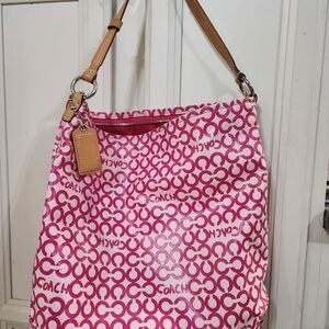Coach Leah Optic Art  Pink With Tan Leather Straps Signature Shoulder Bag- 2008